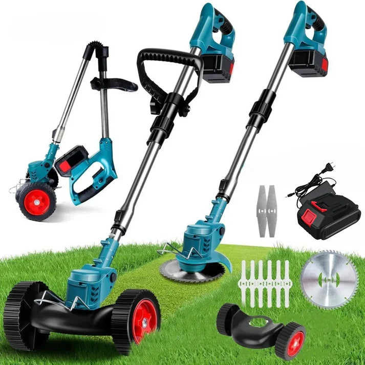 GräsKraft™ | Trådlös & Hopfällbar Grästrimmer 21V – Justerbar Höjd, Hjul & 3 Bladtyper
