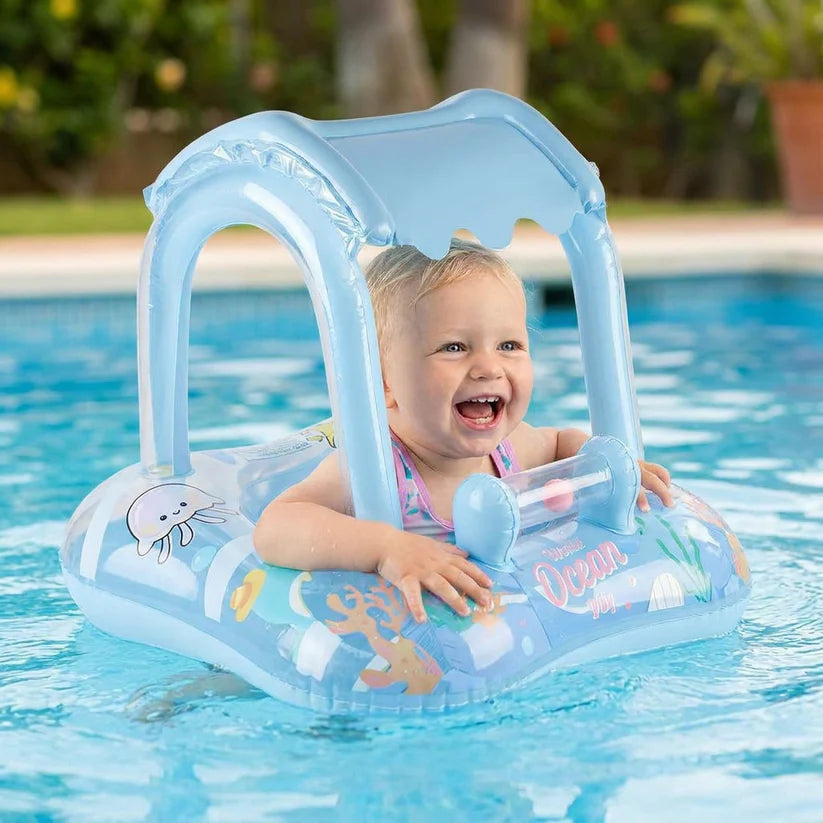 SolFlyt™ | Baby pool float med soltak och havsmotiv