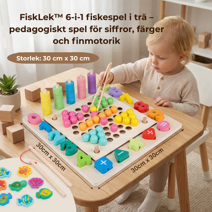 FiskLek™ – 6-i-1 Fiskespel i Trä | Leksak för siffror, färger & finmotorik