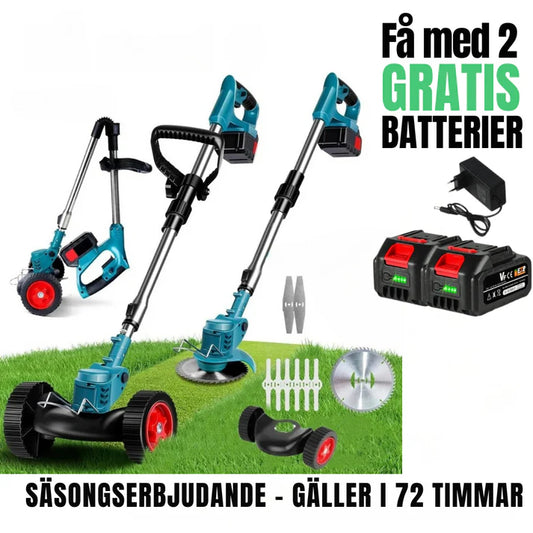 GräsKraft™ | Trådlös & Hopfällbar Grästrimmer 21V – Justerbar Höjd, Hjul & 3 Bladtyper