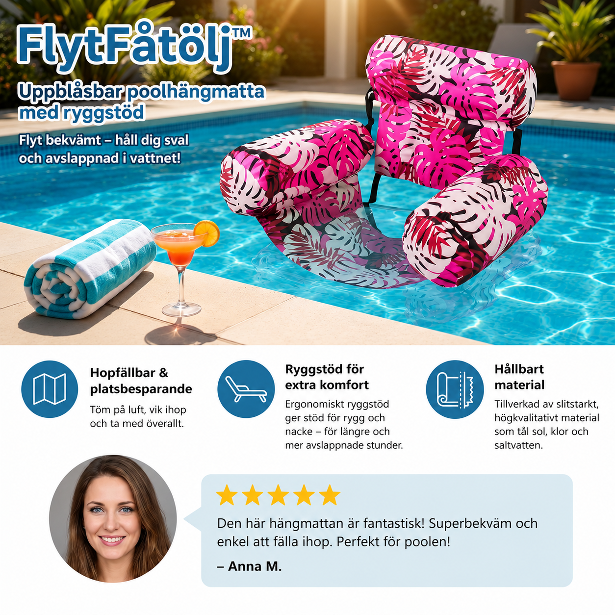 FlytFåtölj™ – Uppblåsbar Poolhängmatta med Ryggstöd Vikbar Vattenlounger