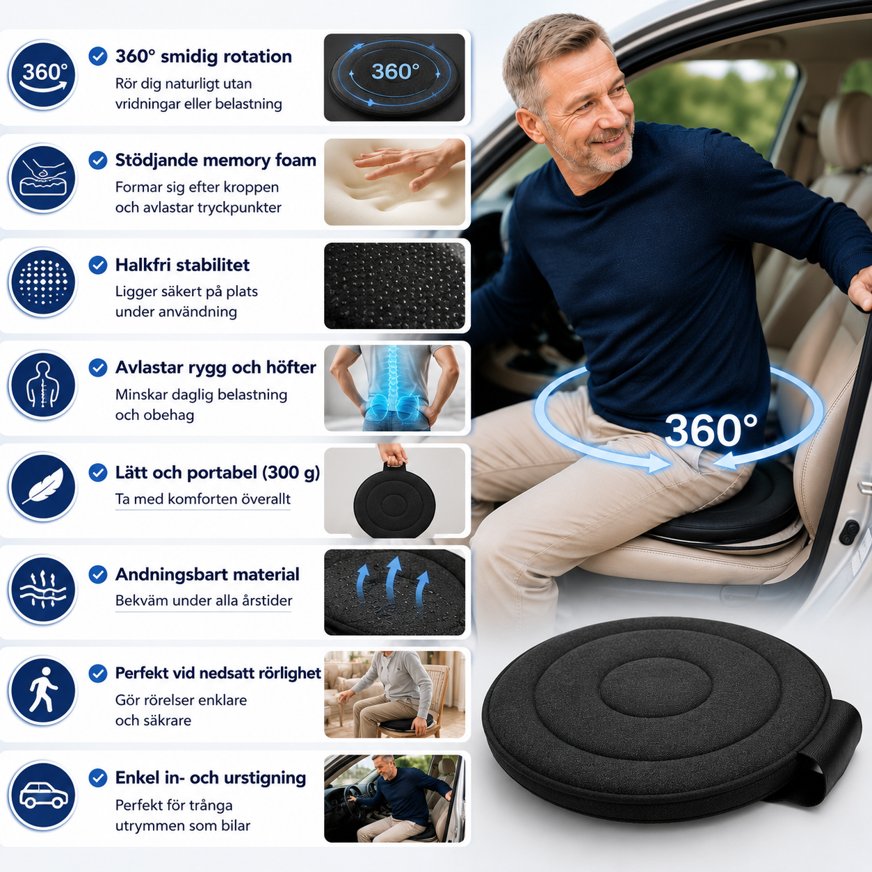 SnurrSits™ – 360° Vridkudde för enkel in- och urstigning