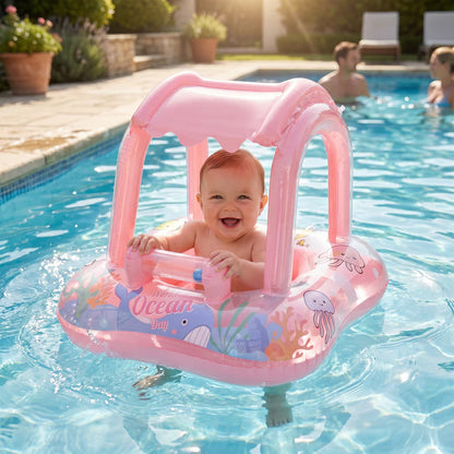 SolFlyt™ | Baby pool float med soltak och havsmotiv