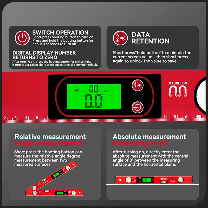 NivåPro™ Multifunktionellt magnetiskt vattenpass – Digital LCD & hög precision perfekt för bygg och DIY