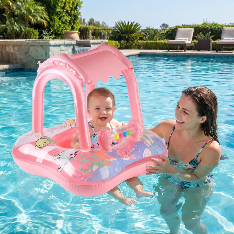 SolFlyt™ | Baby pool float med soltak och havsmotiv