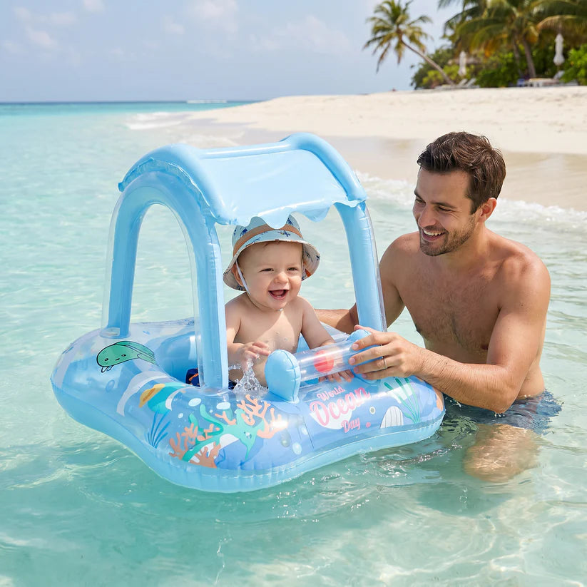 SolFlyt™ | Baby pool float med soltak och havsmotiv